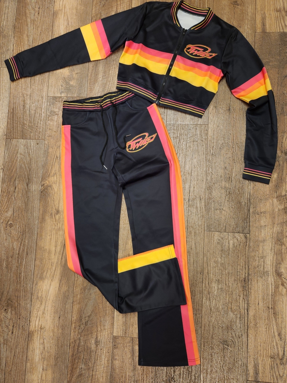 Black Track Joggers with Pink and Yellow Stripe Accents